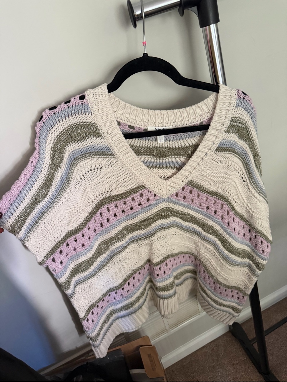 Splendid Striped V-Neck Sweater in Cream, Pink, Olive & Light Blue